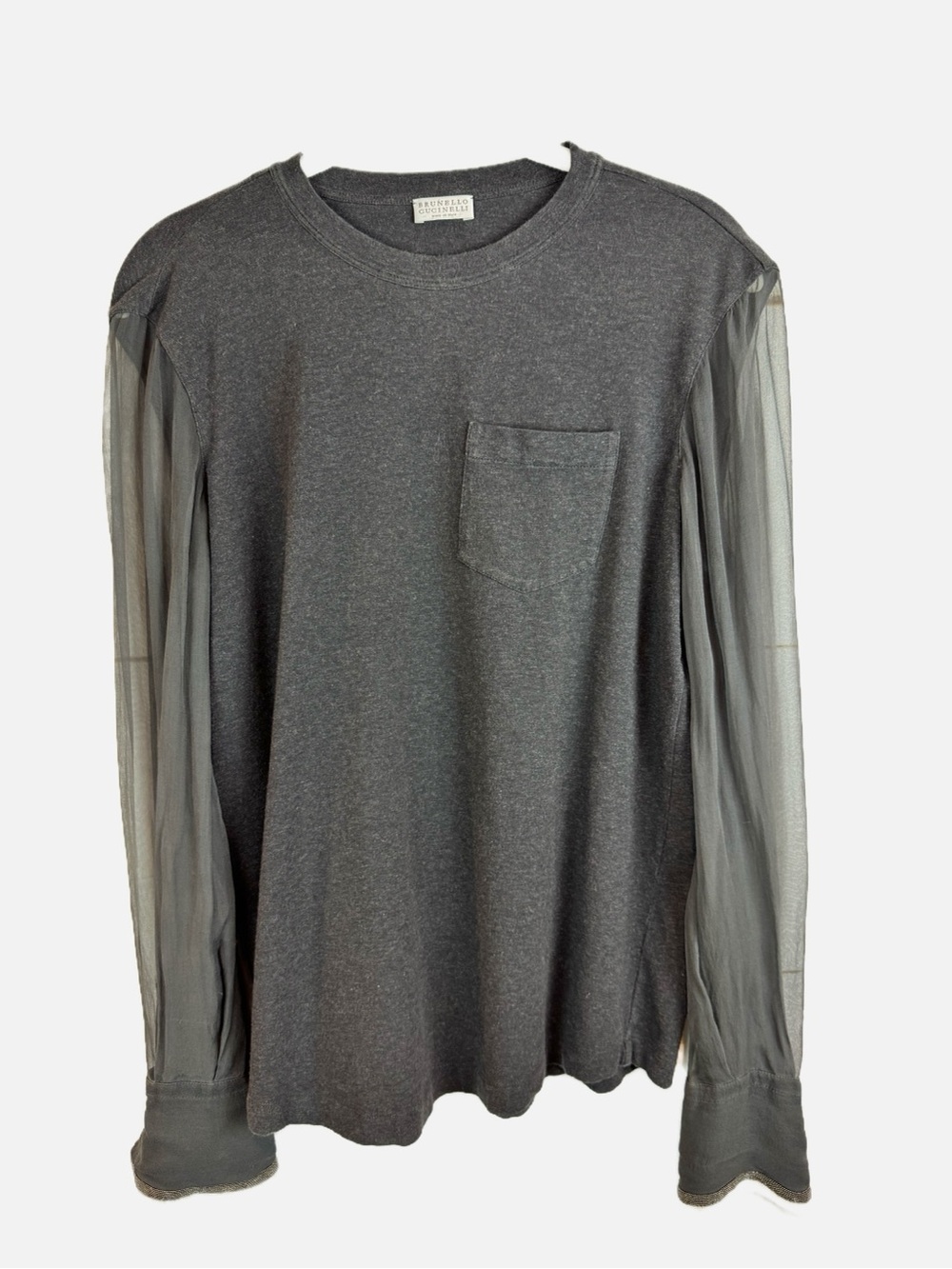 Brunello Cucinelli | Gray Tee w Sheer Cuff Sleeves, S